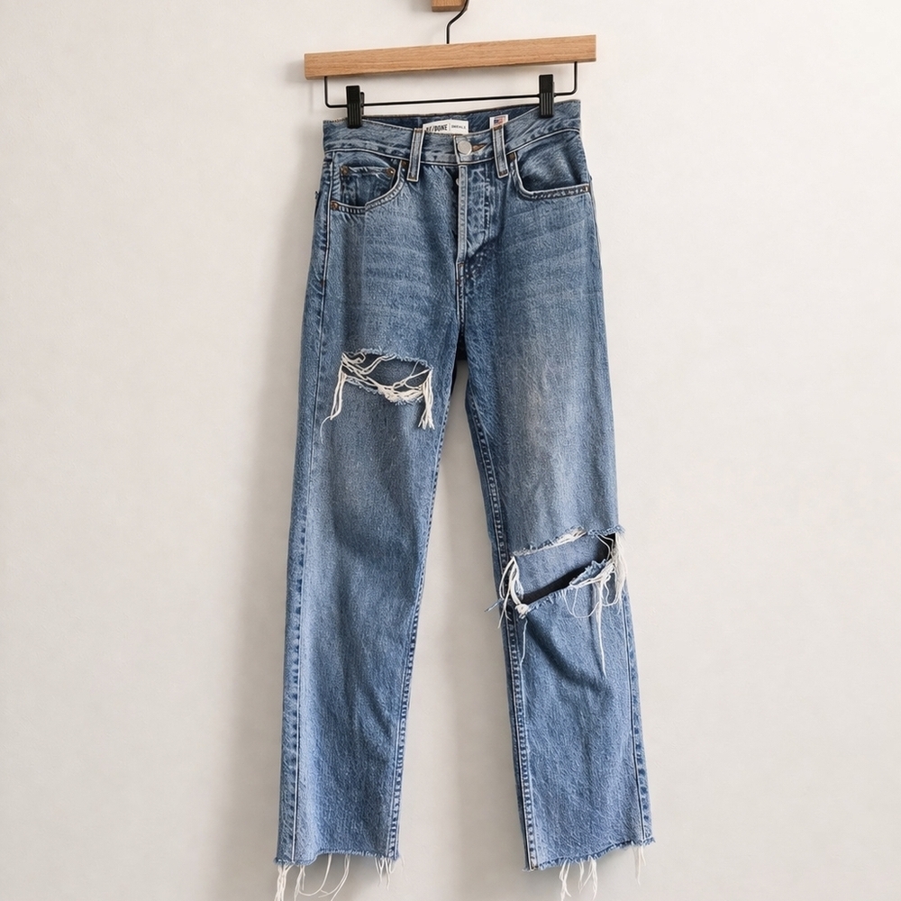RE/DONE‎ Originals Distressed Straight Leg Jeans - Light Wash - Size 23